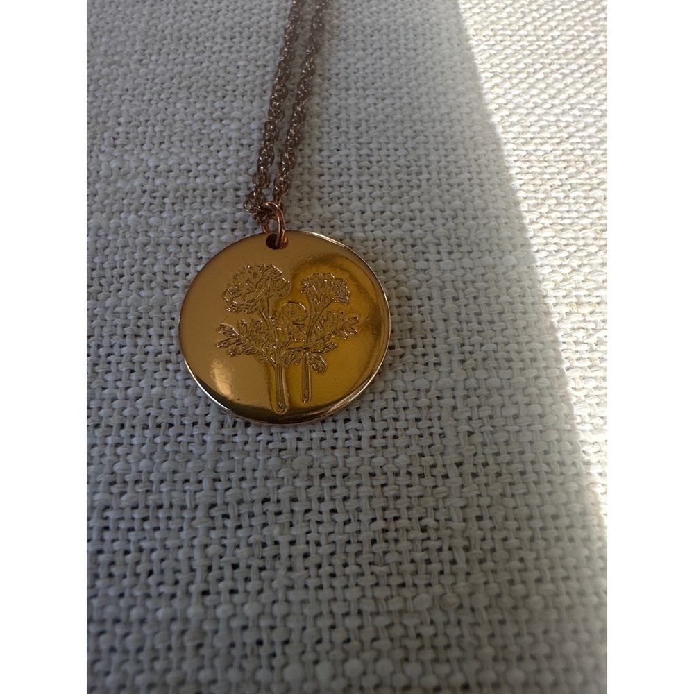 Dainty Gold Tone Engraved Botanical Disc Necklace Minimalist Floral Medallion